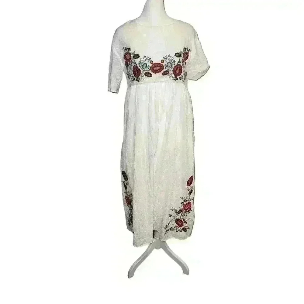 Brass & Roe Embroidered White Red Yellow Orange Size M Floral Dress Lagenlook